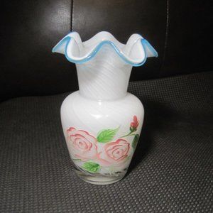 Vintage FENTON Glass Vase Roses Swirl Ruffled Unmark 4 1/4" across, 6" Tall.